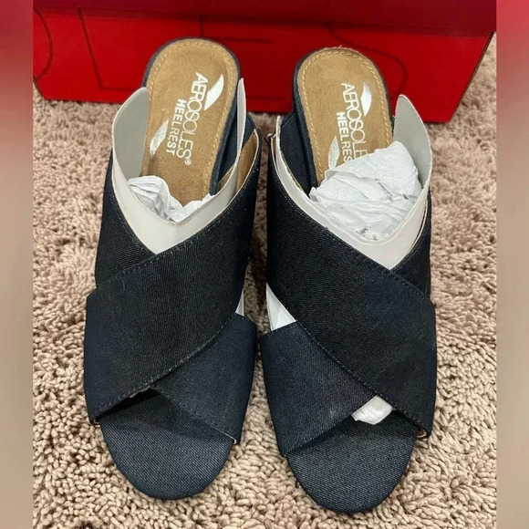 New in box Aerosoles high alert blue denim sandals 6.5 block heel x cross - Picture 4 of 16